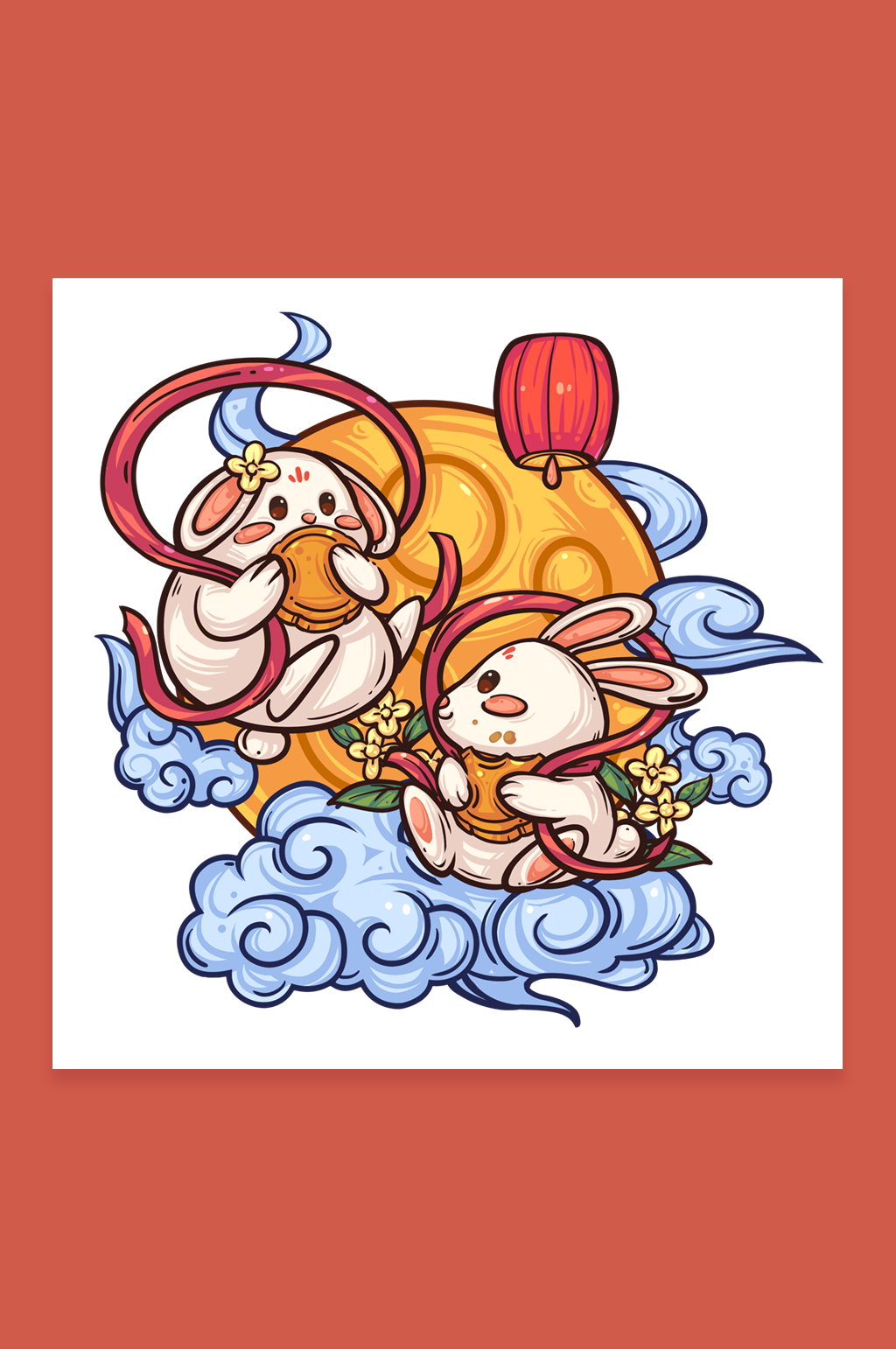 双兔月饼中秋节国潮人物插画素材