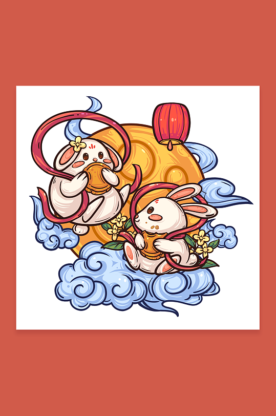 双兔月饼中秋节国潮人物插画