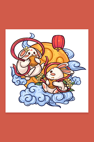 双兔月饼中秋节国潮人物插画