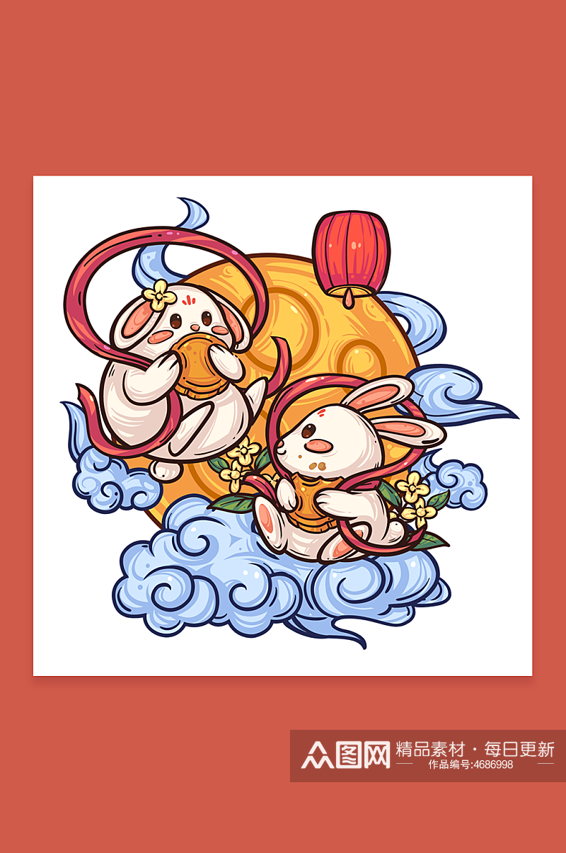 双兔月饼中秋节国潮人物插画素材