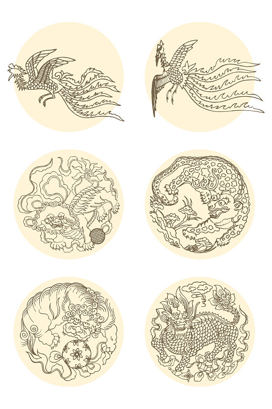 矢量中国传统凤凰貔貅花纹设计元素