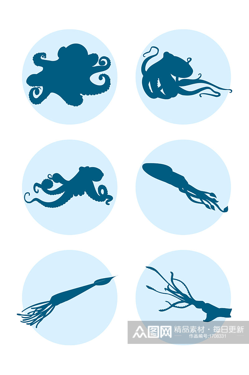 矢量章鱼鱿鱼海洋生物剪影素材