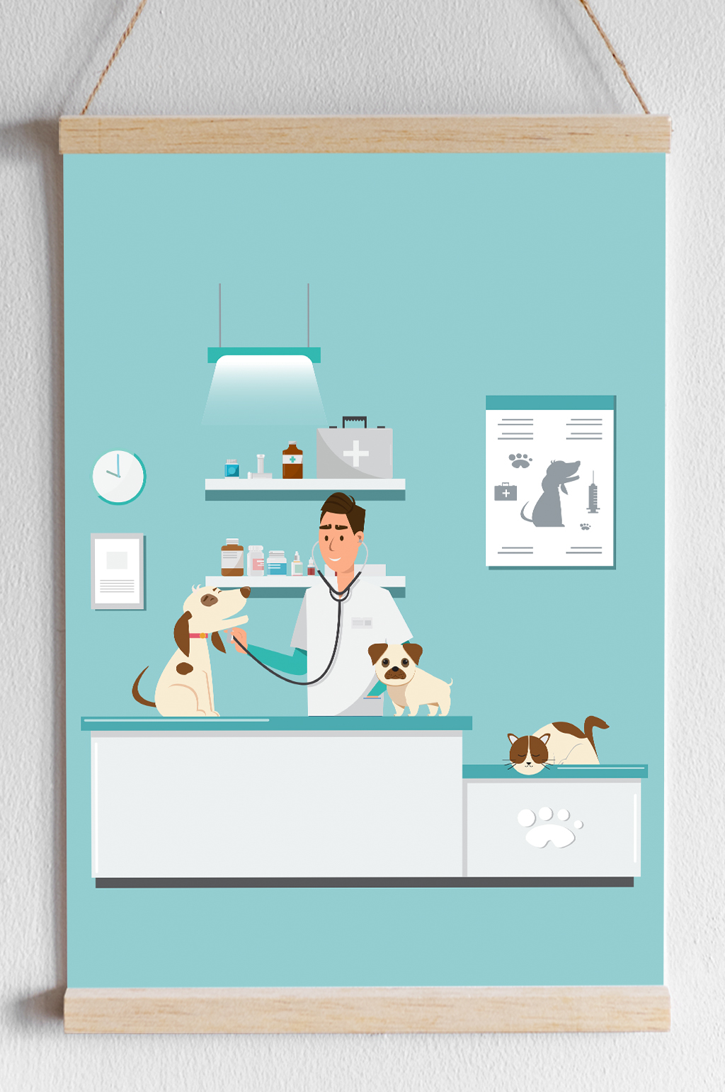 矢量猫狗动物医院场景插画