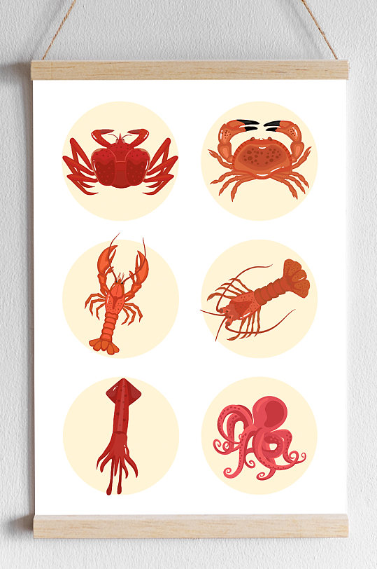 手绘海鲜螃蟹龙虾章鱼设计元素
