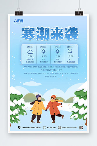 蓝色卡通冬季降温提示问候海报