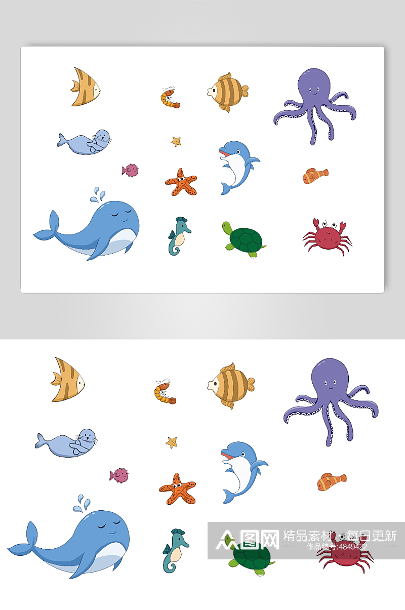 鲸鱼章鱼螃蟹海豚海洋海底动物生物元素插画素材