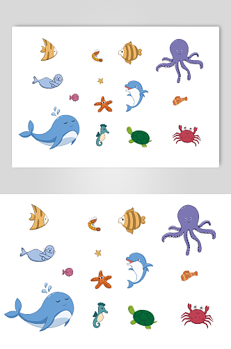 鲸鱼章鱼螃蟹海豚海洋海底动物生物元素插画