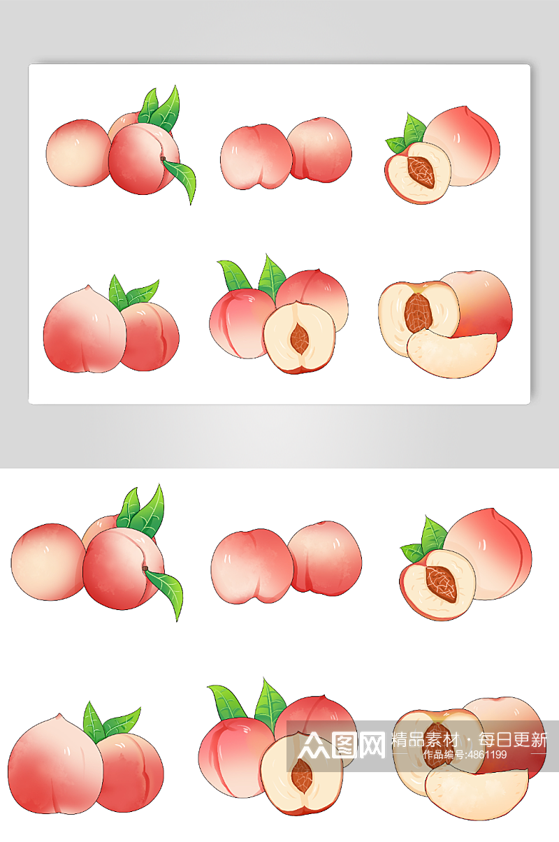 红色小清新水蜜桃水果插画手绘元素素材