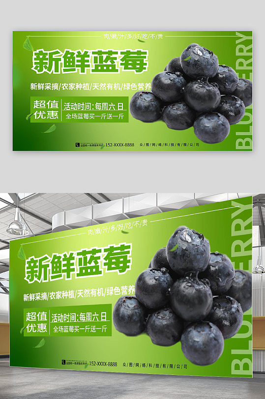 新鲜有机蓝莓水果店促销宣传展板