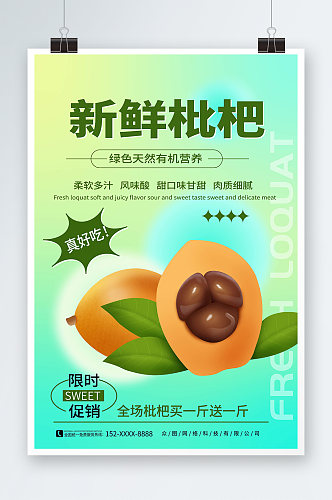绿色清新风新鲜枇杷夏季水果果园促销海报