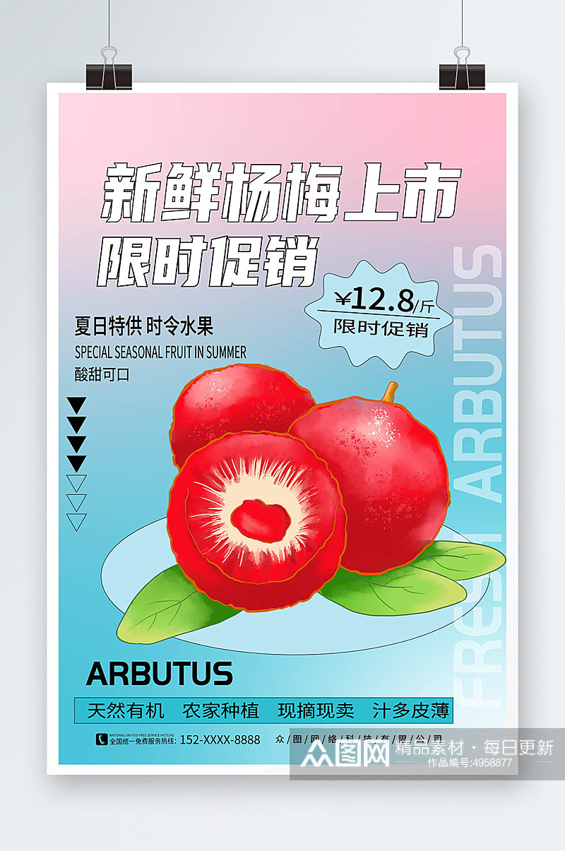 弥散风新鲜杨梅夏季水果果园促销海报素材