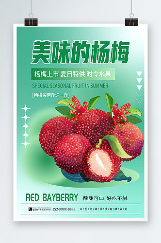 绿色清新新鲜杨梅夏季水果果园促销海报