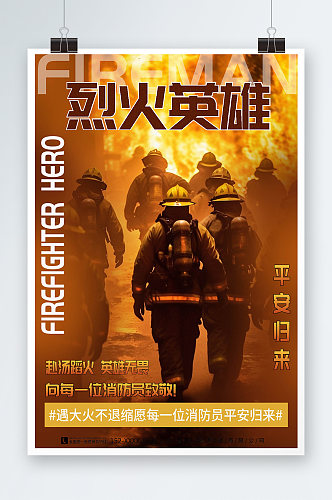 大气致敬消防员烈火英雄消防安全宣传海报