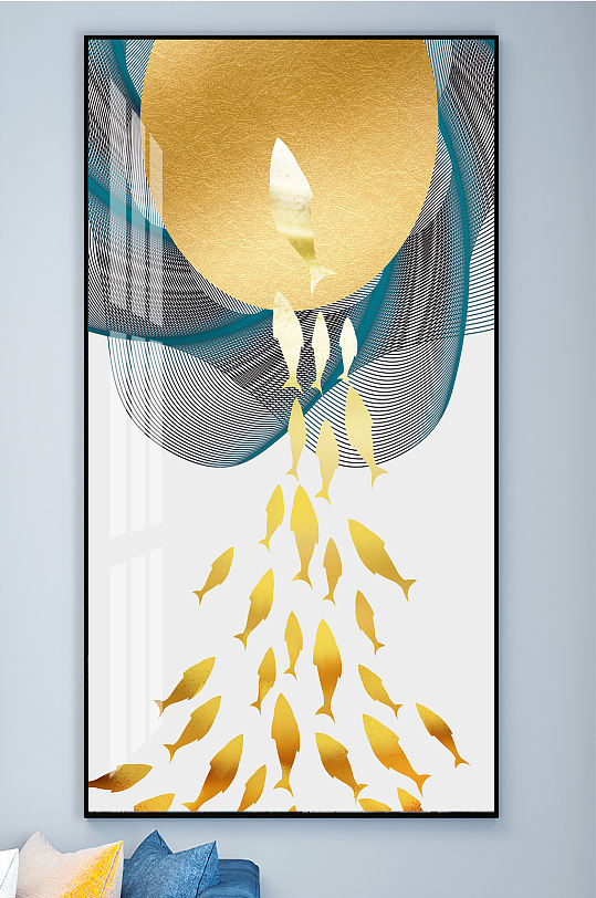 抽象金鱼线条晕染纹理鎏金色块装饰画