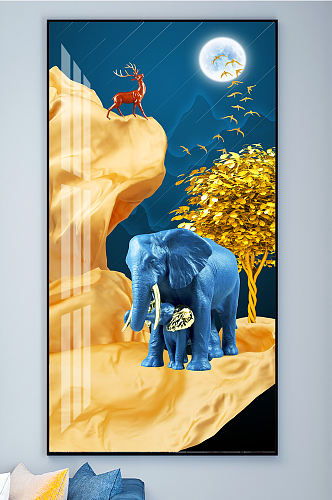 大象金色麋鹿意境装饰画