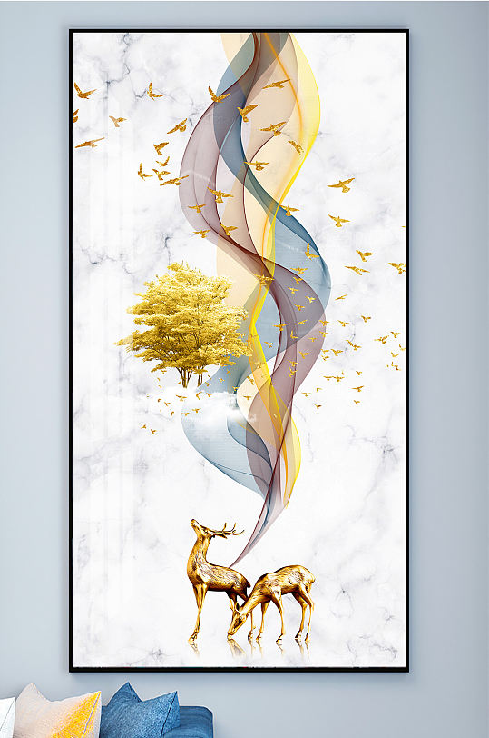 中式飘带金色麋鹿意境山水装饰画