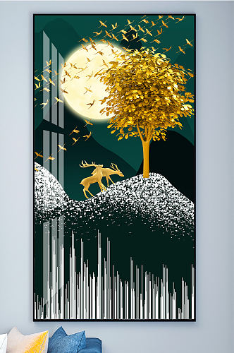 中式金色麋鹿线条装饰画