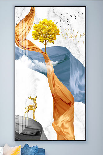 中式金色麋鹿意境山水装饰画
