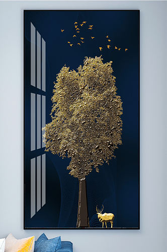 金色麋鹿发财树装饰画