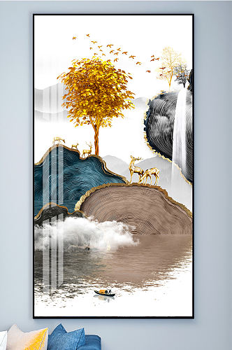 中式金色麋鹿意境山水装饰画