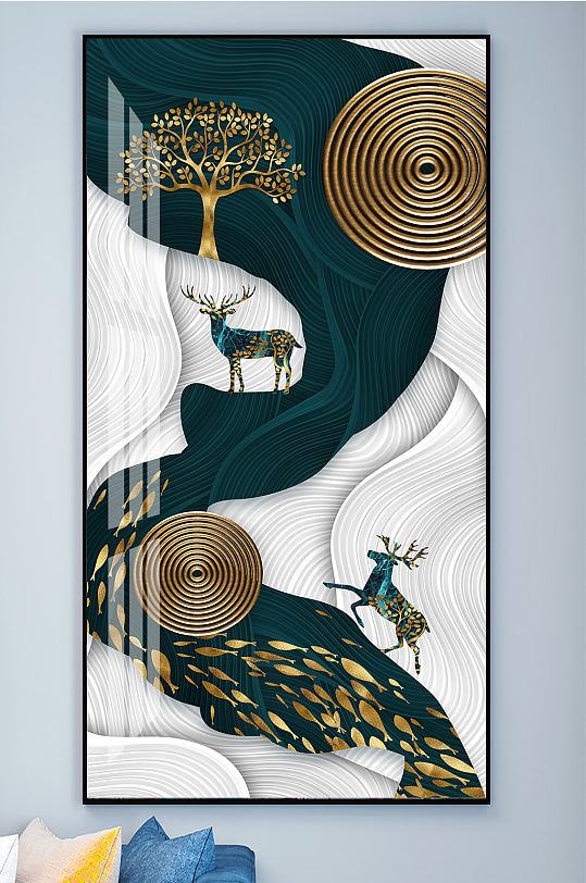 中式飘带金色麋鹿意境山水装饰画