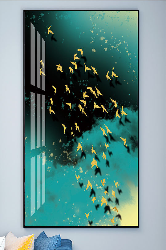 抽象鸟群线条晕染纹理鎏金色块装饰画