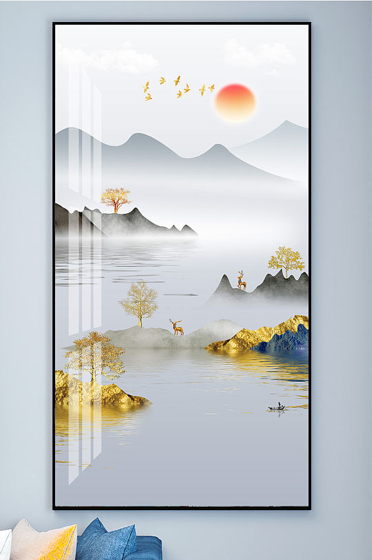 水墨山水麋鹿装饰画-众图网