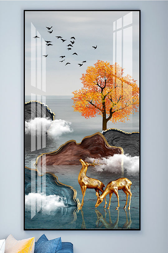 麋鹿山水一路高升晶瓷画