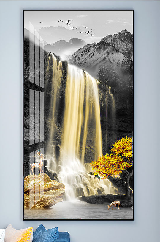 流水生财意境山水金色麋鹿玄关-众图网