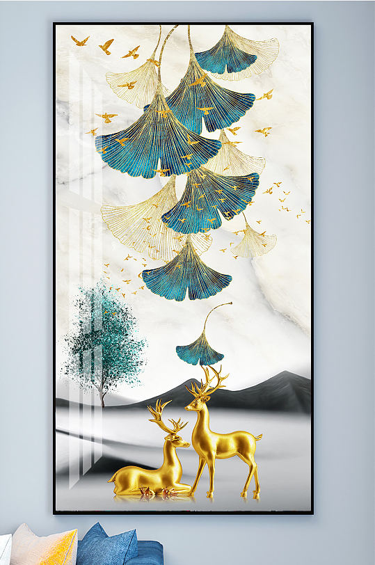 银杏叶意境山水金色麋鹿玄关-众图网