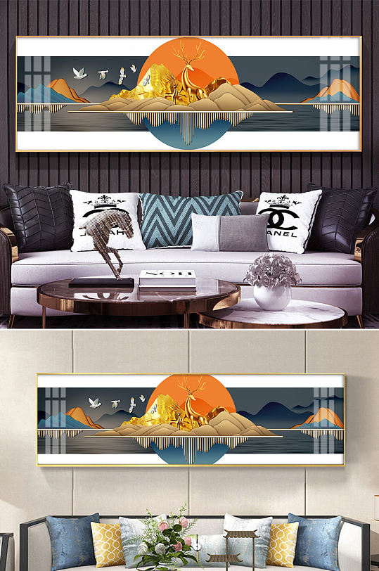 抽象麋鹿金色山水装饰画