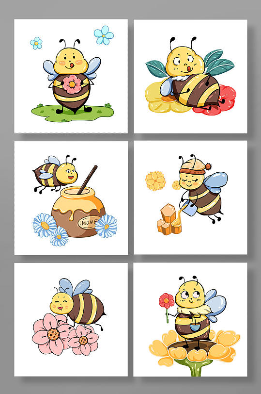 春季采蜜蜜蜂昆虫元素手绘卡通插画