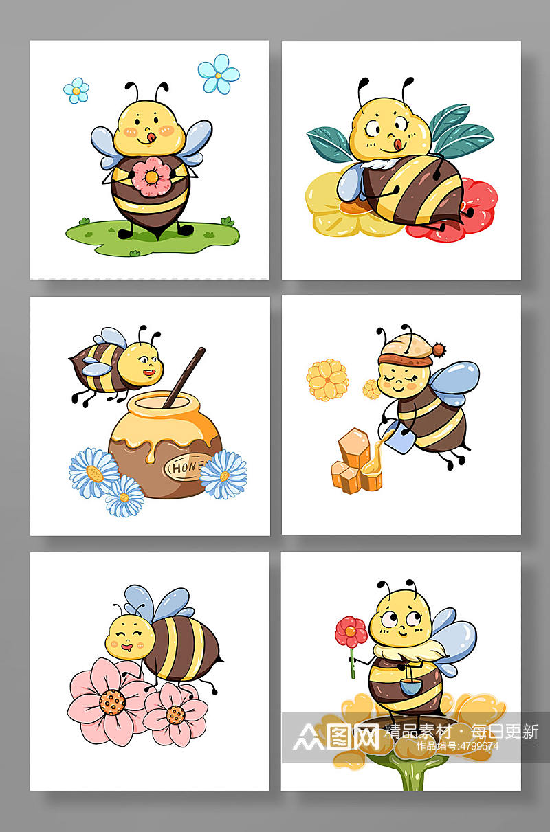 春季采蜜蜜蜂昆虫元素手绘卡通插画素材