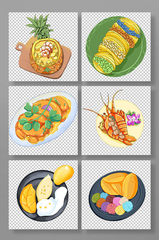 菠萝饭榴莲泰国美食手绘元素插画