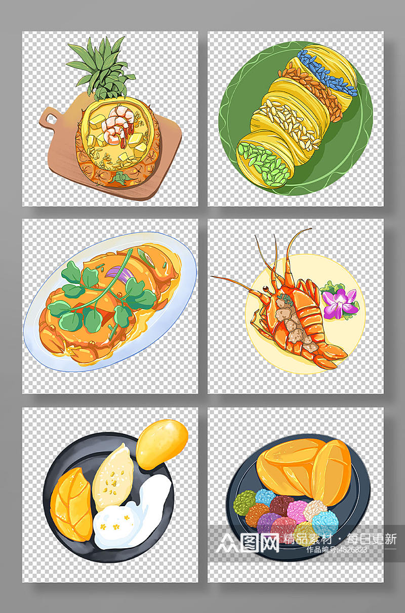 菠萝饭榴莲泰国美食手绘元素插画素材