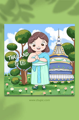 泰国旅游风光女孩手绘插画