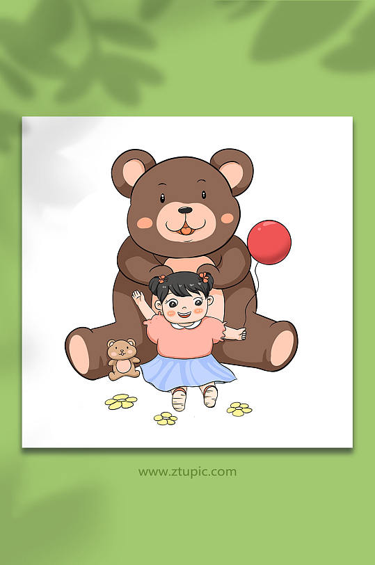 儿童节女孩与玩具熊插画元素