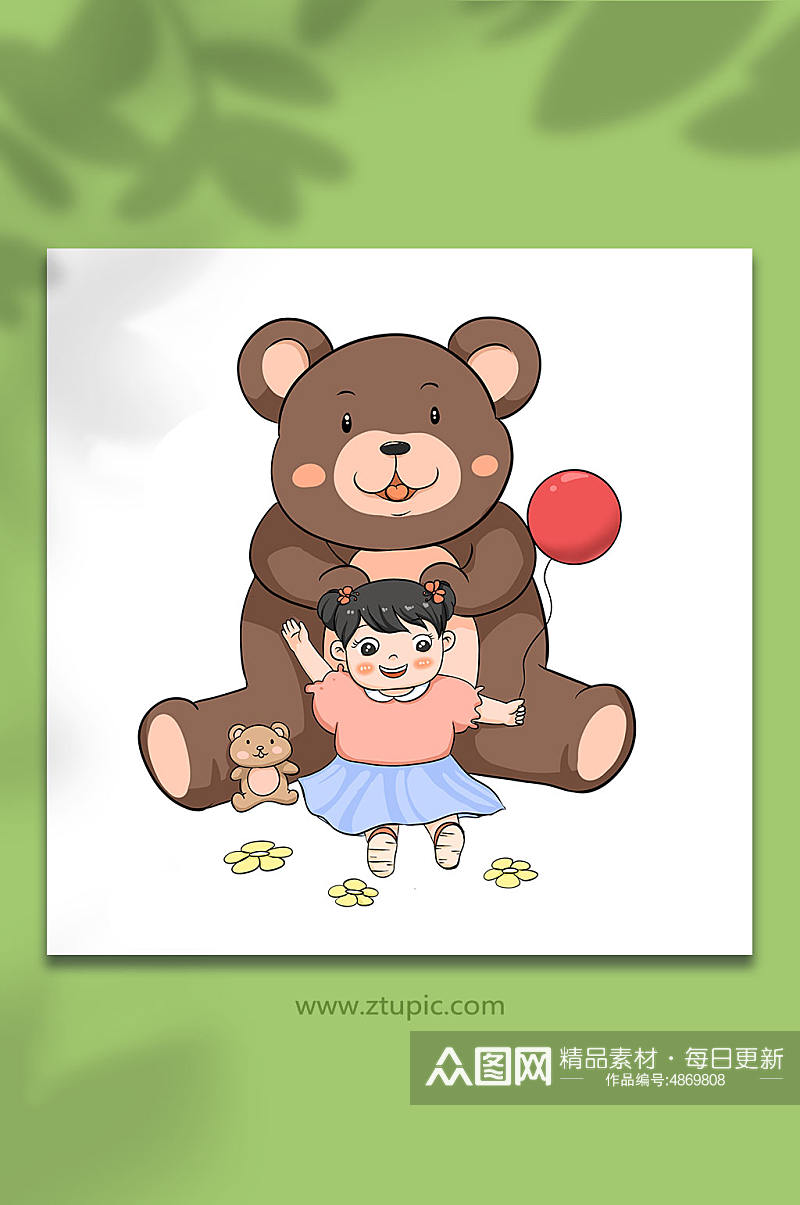 儿童节女孩与玩具熊插画元素素材
