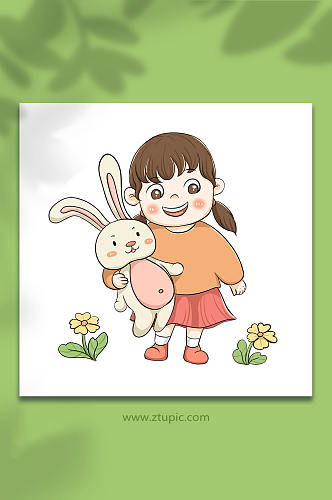 六一儿童节小女孩与小兔子插画元素