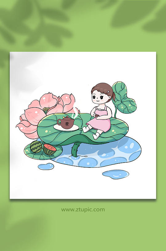 大暑节气夏季小女孩喝茶卡通元素插画