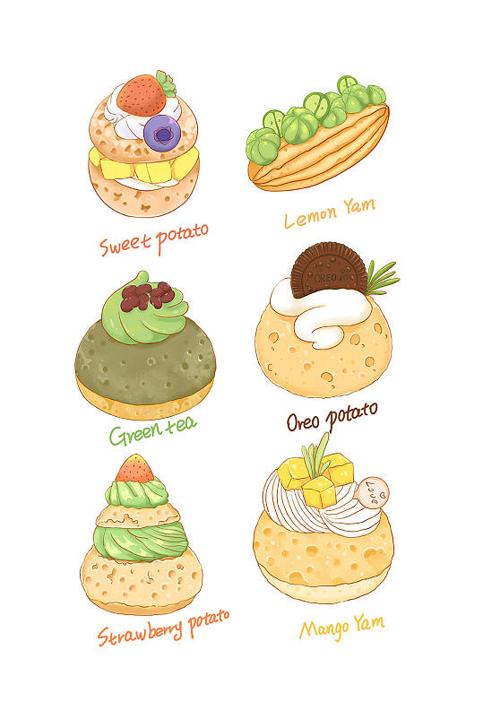 麻薯点心美食手账手绘插画元素-众图网