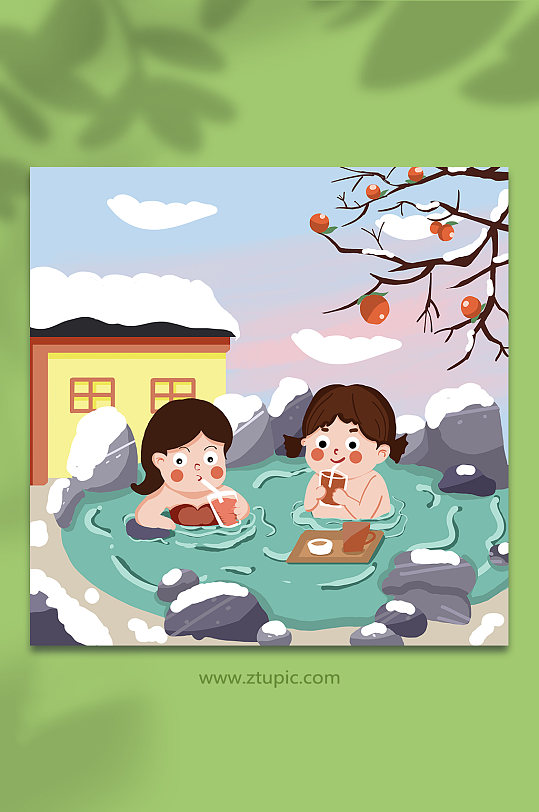 姐妹泡温泉冬季泡温泉人物插画-众图网