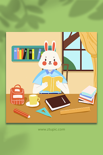 扁平读书的兔子校园兔子学习人物插画
