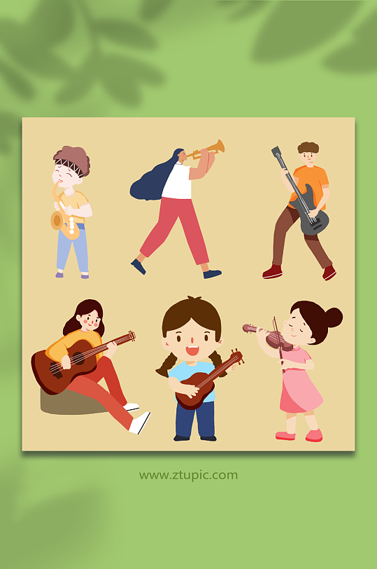 手绘扁平玩乐器人物元素插画-众图网