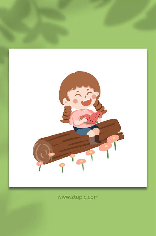 手绘吃西瓜春季春游踏青人物元素插画