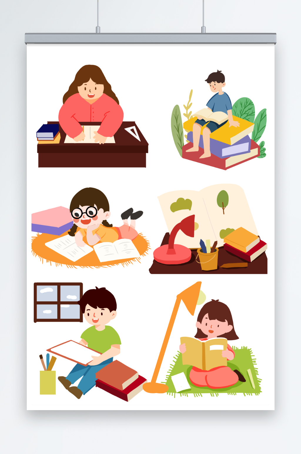 手绘扁平学生考试学习复习辅导场景插画元素素材