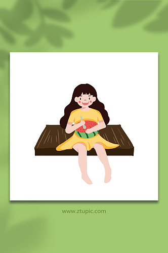 手绘女孩吃西瓜立夏节气人物元素插画