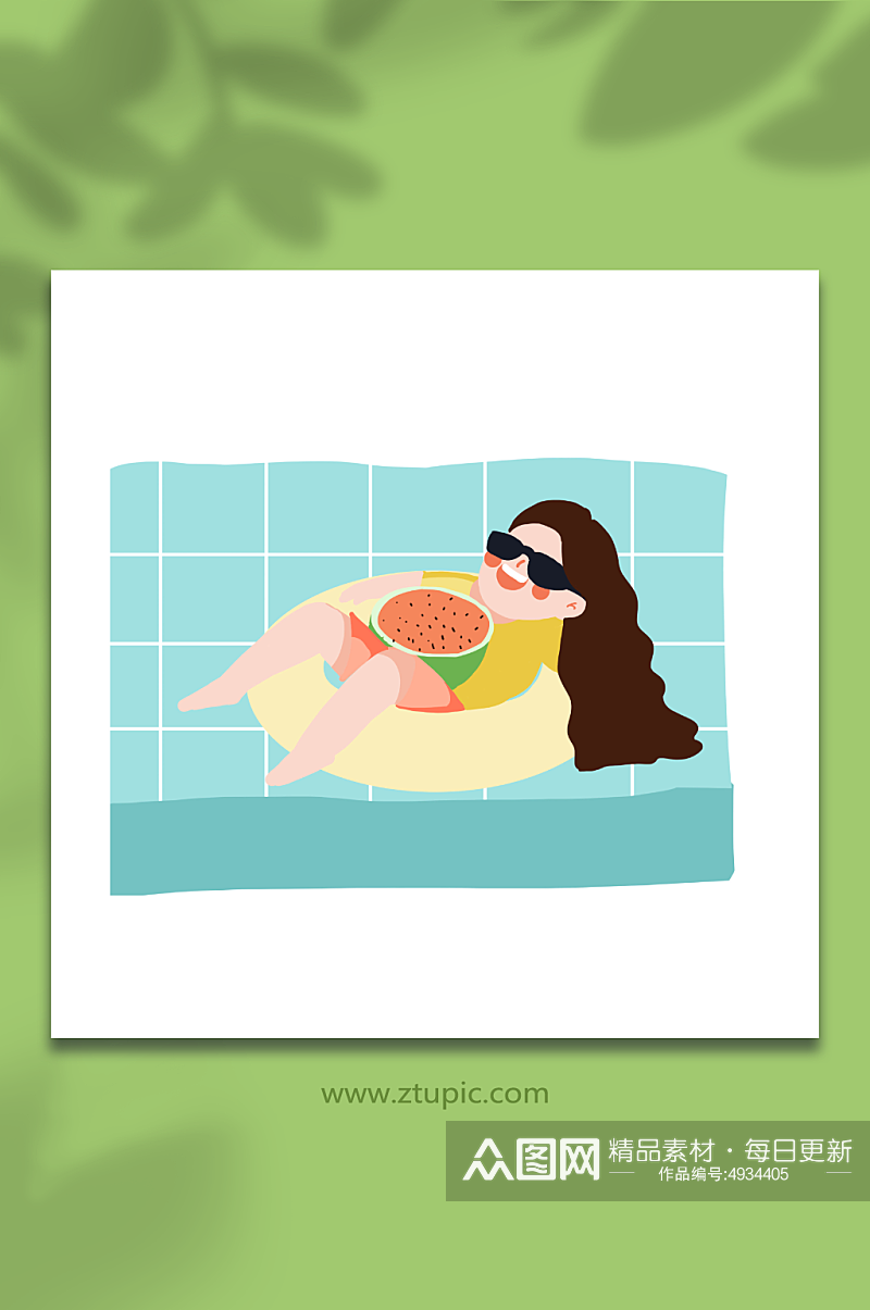 夏至节气泡泳池抱西瓜夏季避暑元素插画素材