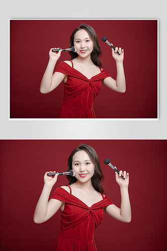 红裙女生美妆化妆品宣传海报元素摄影图照片