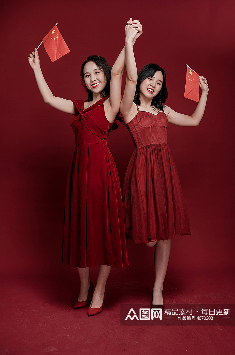 红裙女生国庆节加油喝彩照片摄影图素材